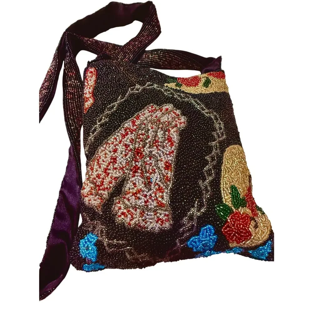 Vintage Hand Beaded Crossbody Boho Purse Bag Fashion Jewelry Motif Black